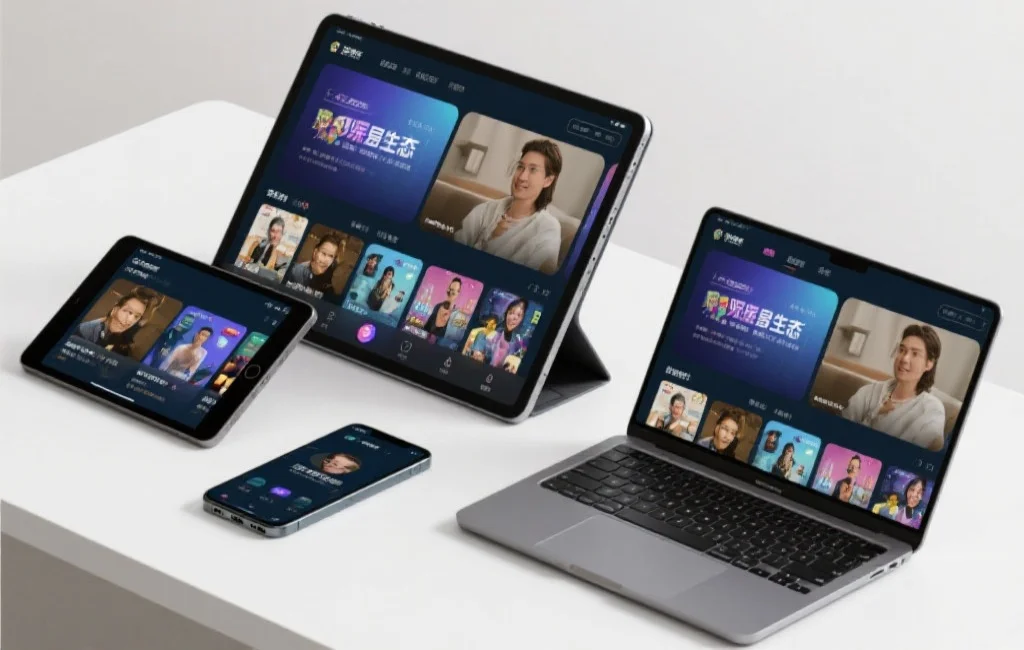 多设备展示同一个娱乐内容生态，平板电脑、手机和笔记本上同步显示娱乐平台界面，用户在不同场景轻松切换使用